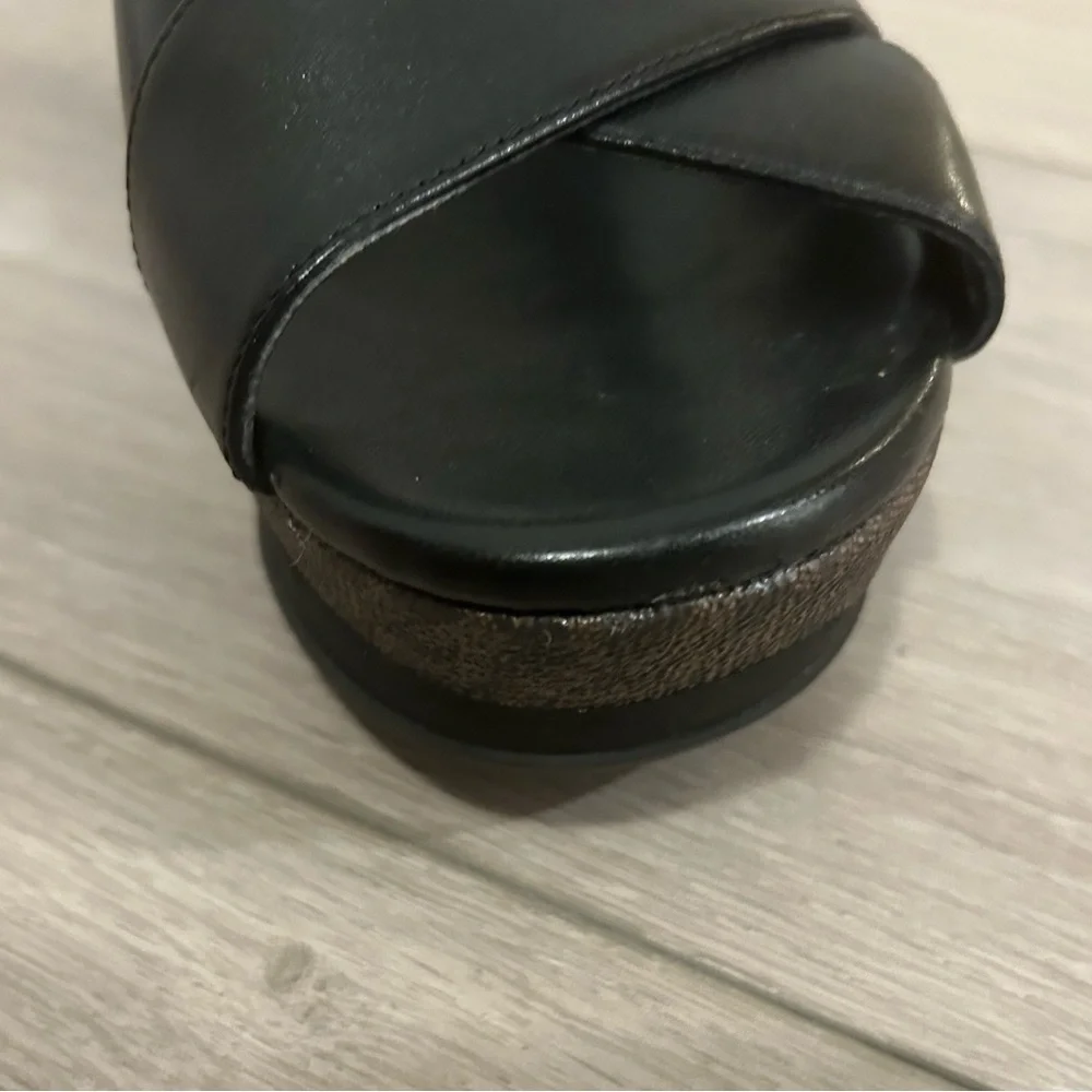 Michael Kors Black Leather Platform Wedge Sandals with Gold Buckle (Size 7)